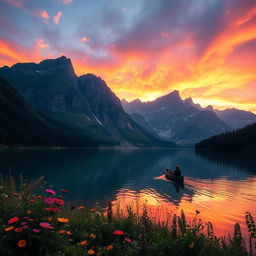A breathtaking landscape featuring a serene lake surrounded by towering mountains during a vibrant sunset