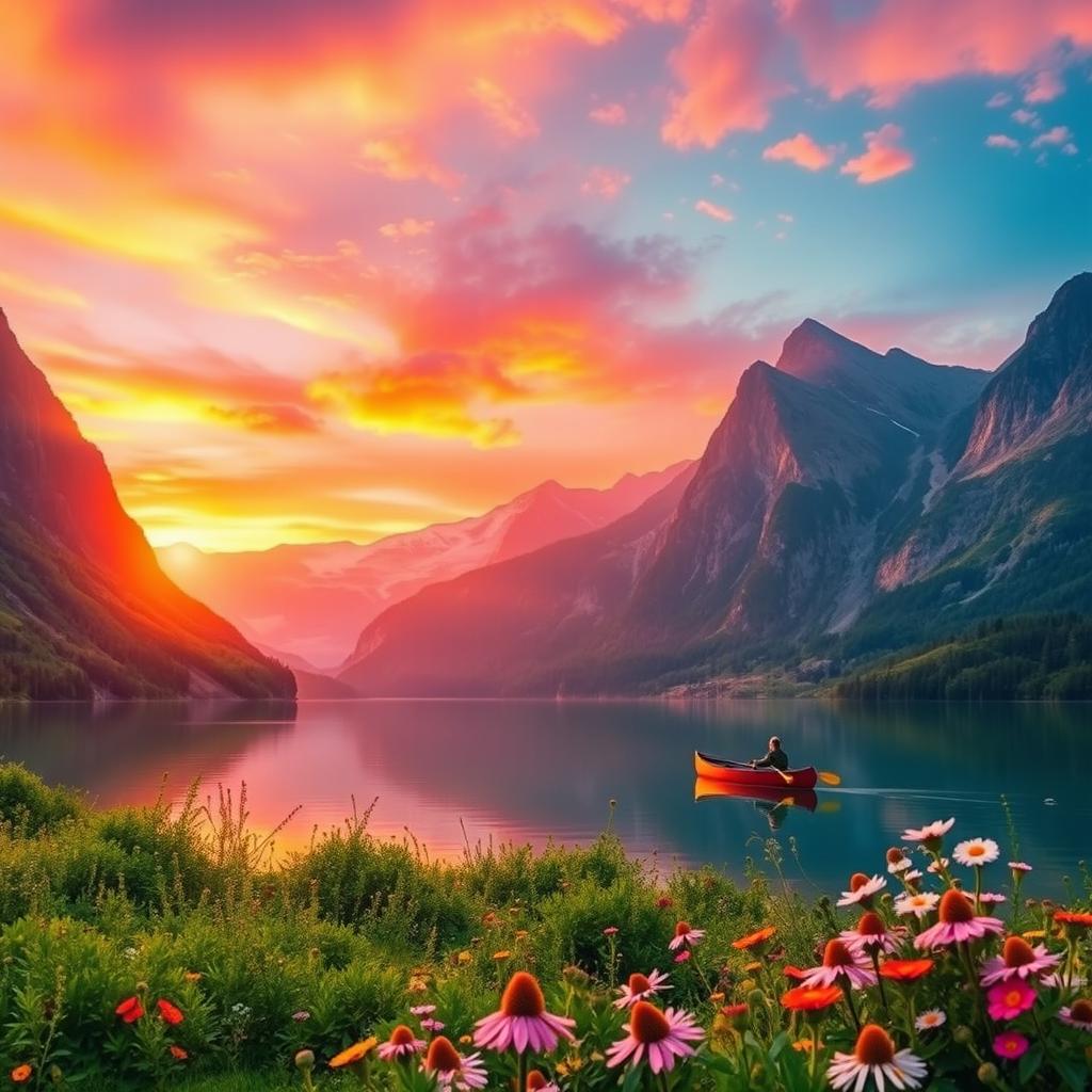 A breathtaking landscape featuring a serene lake surrounded by towering mountains during a vibrant sunset