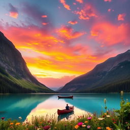 A breathtaking landscape featuring a serene lake surrounded by towering mountains during a vibrant sunset