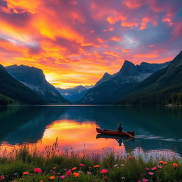 A breathtaking landscape featuring a serene lake surrounded by towering mountains during a vibrant sunset