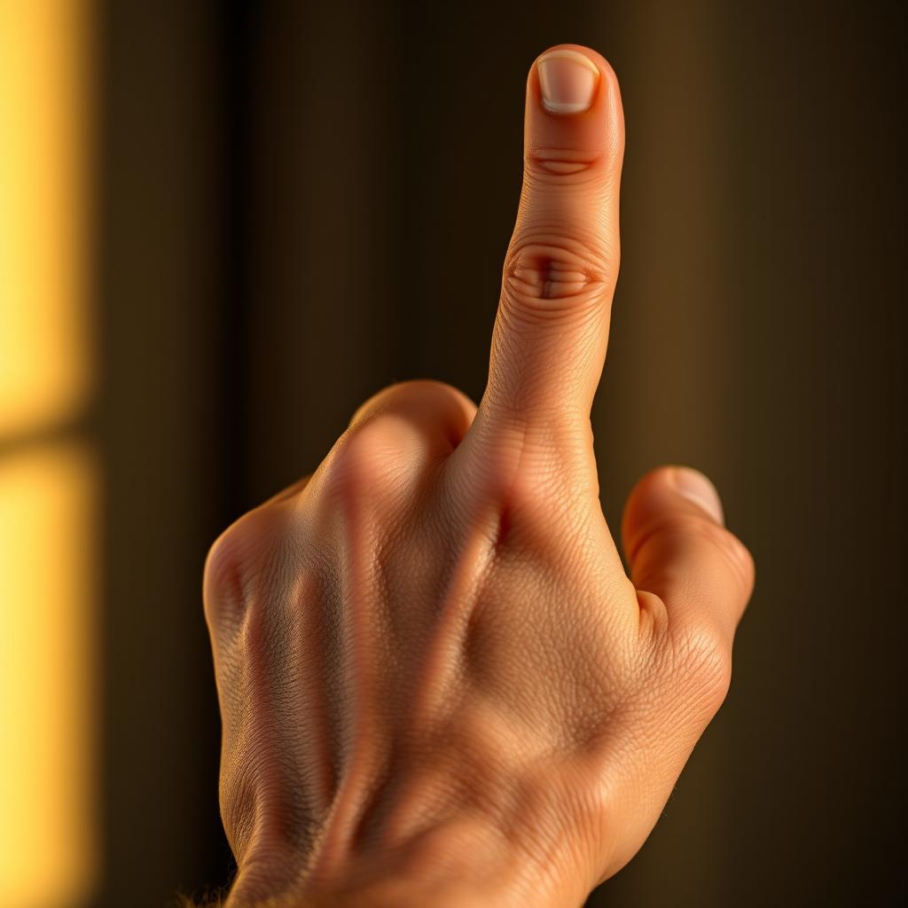 A close-up of a man's hand holding his index finger up in a gesture of thoughtfulness or emphasis