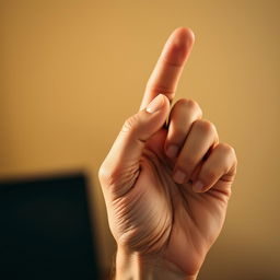 A close-up of a man's hand holding his index finger up in a gesture of thoughtfulness or emphasis