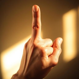 A close-up of a man's hand holding his index finger up in a gesture of thoughtfulness or emphasis