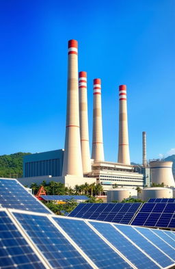 A vast and modern power plant situated in Indonesia, showcasing towering smokestacks, expansive turbine halls, and lush green surroundings typical of Southeast Asian landscapes