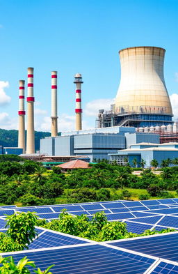A vast and modern power plant situated in Indonesia, showcasing towering smokestacks, expansive turbine halls, and lush green surroundings typical of Southeast Asian landscapes