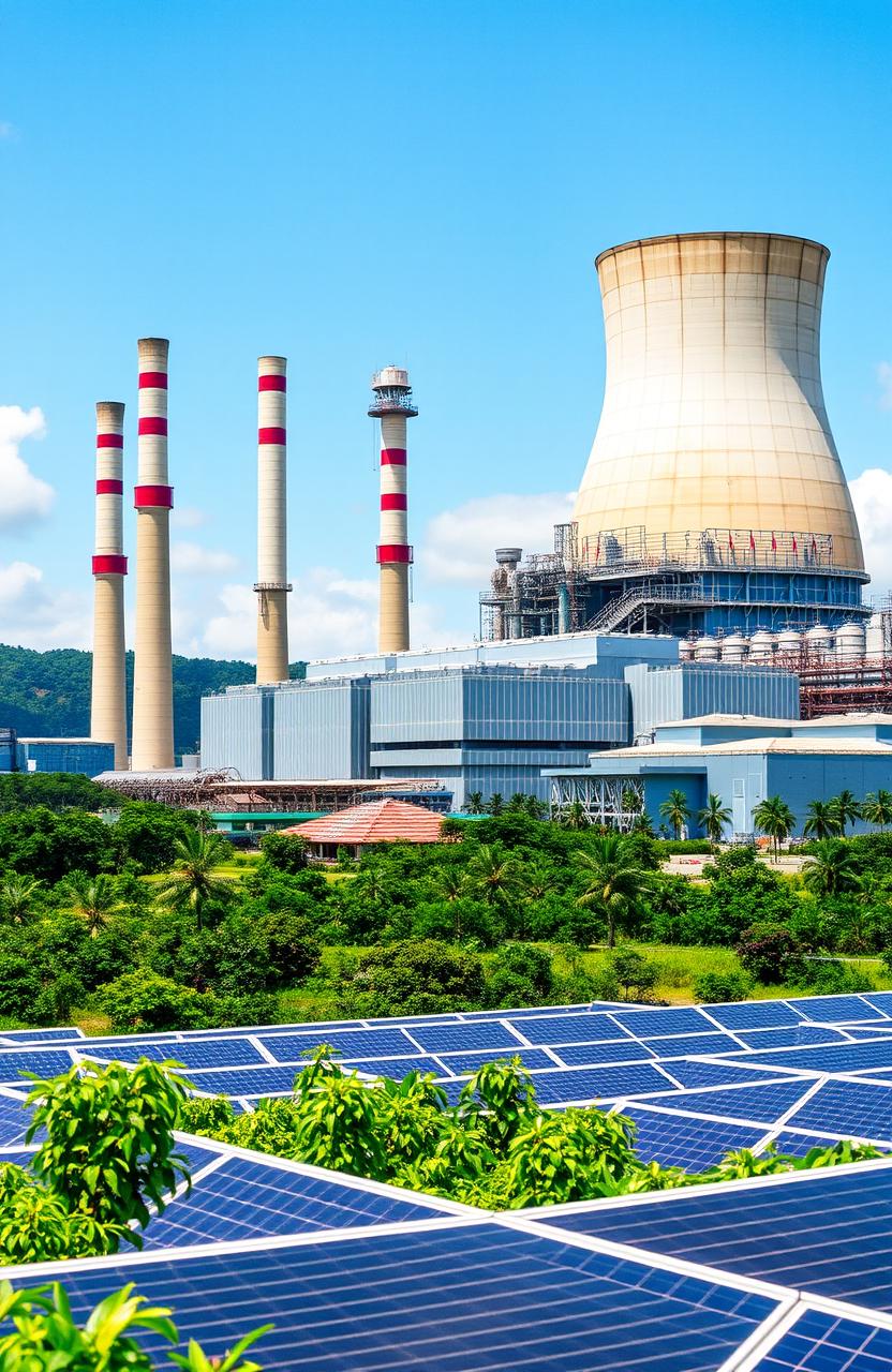 A vast and modern power plant situated in Indonesia, showcasing towering smokestacks, expansive turbine halls, and lush green surroundings typical of Southeast Asian landscapes