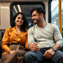 A 40-year-old woman with black hair, wearing a stylish outfit in a large size, sitting next to a 30-year-old man on a public bus