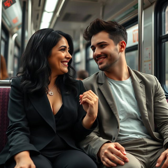 A 40-year-old woman with black hair, wearing a stylish outfit in a large size, sitting next to a 30-year-old man on a public bus