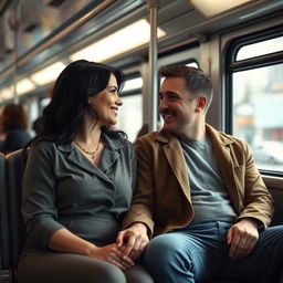 A 40-year-old woman with black hair, wearing a stylish outfit in a large size, sitting next to a 30-year-old man on a public bus