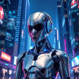 A stunning and imaginative AI character, featuring a sleek humanoid robot design with intricate metallic features and glowing blue accents