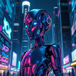A stunning and imaginative AI character, featuring a sleek humanoid robot design with intricate metallic features and glowing blue accents