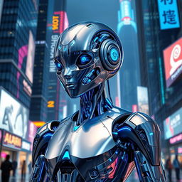A stunning and imaginative AI character, featuring a sleek humanoid robot design with intricate metallic features and glowing blue accents