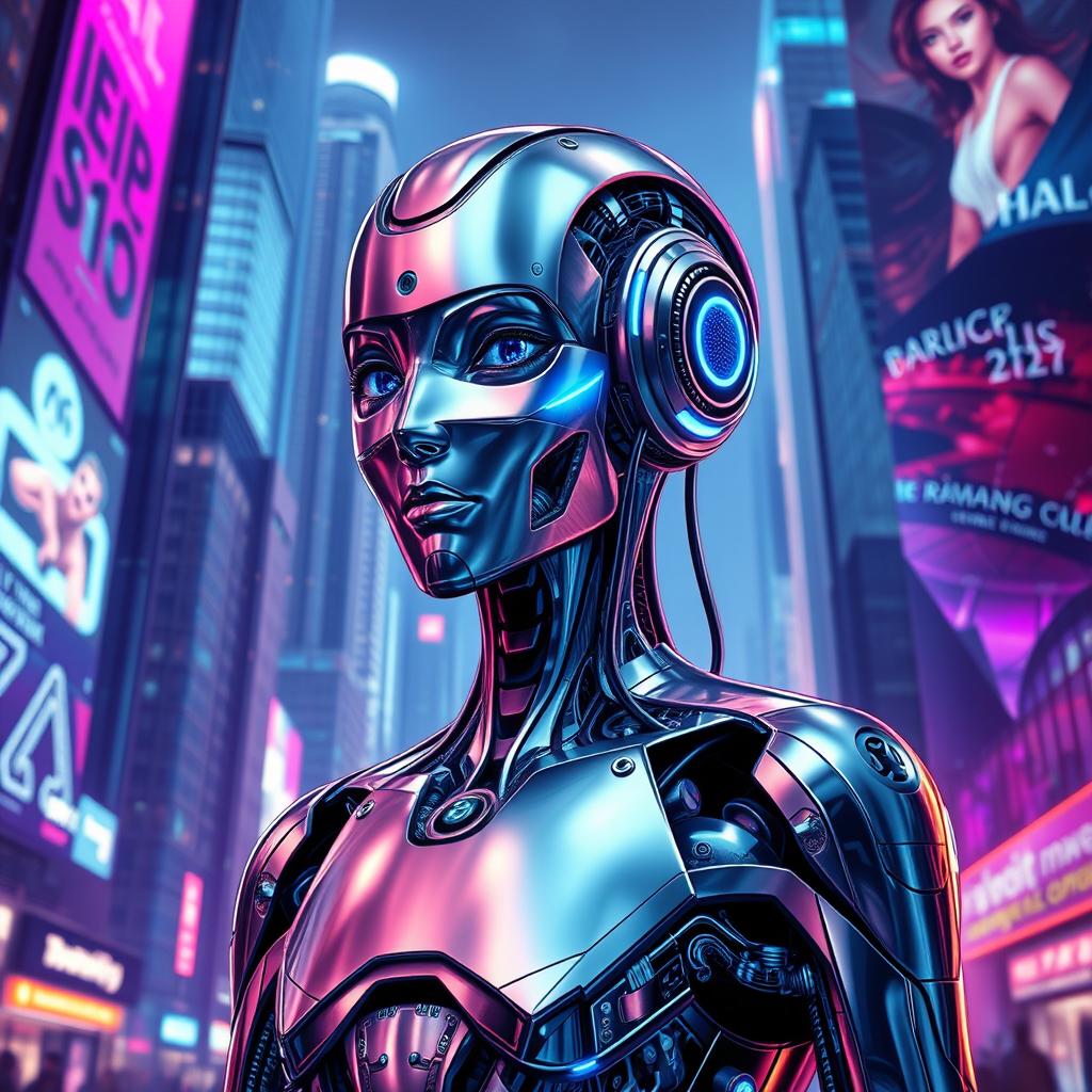 A stunning and imaginative AI character, featuring a sleek humanoid robot design with intricate metallic features and glowing blue accents