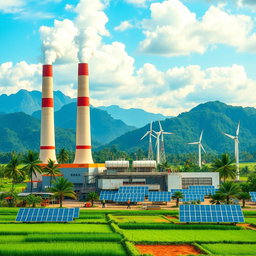 A modern power plant set in the lush green landscapes of Indonesia, showcasing large smokestacks against a backdrop of tropical mountains and blue skies
