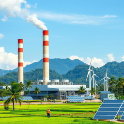 A modern power plant set in the lush green landscapes of Indonesia, showcasing large smokestacks against a backdrop of tropical mountains and blue skies