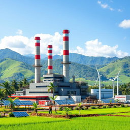 A modern power plant set in the lush green landscapes of Indonesia, showcasing large smokestacks against a backdrop of tropical mountains and blue skies