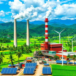 A modern power plant set in the lush green landscapes of Indonesia, showcasing large smokestacks against a backdrop of tropical mountains and blue skies