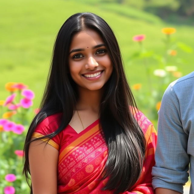 A young Bengali woman with long black hair and a warm smile, standing beside a person