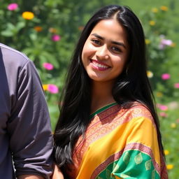 A young Bengali woman with long black hair and a warm smile, standing beside a person