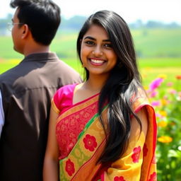 A young Bengali woman with long black hair and a warm smile, standing beside a person