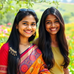 A young Bengali woman with long black hair and a warm smile, standing beside a person