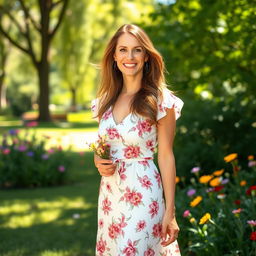 A 45-year-old woman standing elegantly in a sunlit park, wearing a stylish summer dress with floral patterns, her hair flowing gently in the breeze