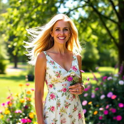 A 45-year-old woman standing elegantly in a sunlit park, wearing a stylish summer dress with floral patterns, her hair flowing gently in the breeze