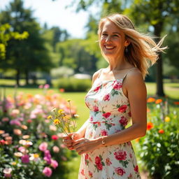 A 45-year-old woman standing elegantly in a sunlit park, wearing a stylish summer dress with floral patterns, her hair flowing gently in the breeze