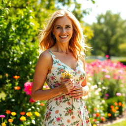 A 45-year-old woman standing elegantly in a sunlit park, wearing a stylish summer dress with floral patterns, her hair flowing gently in the breeze