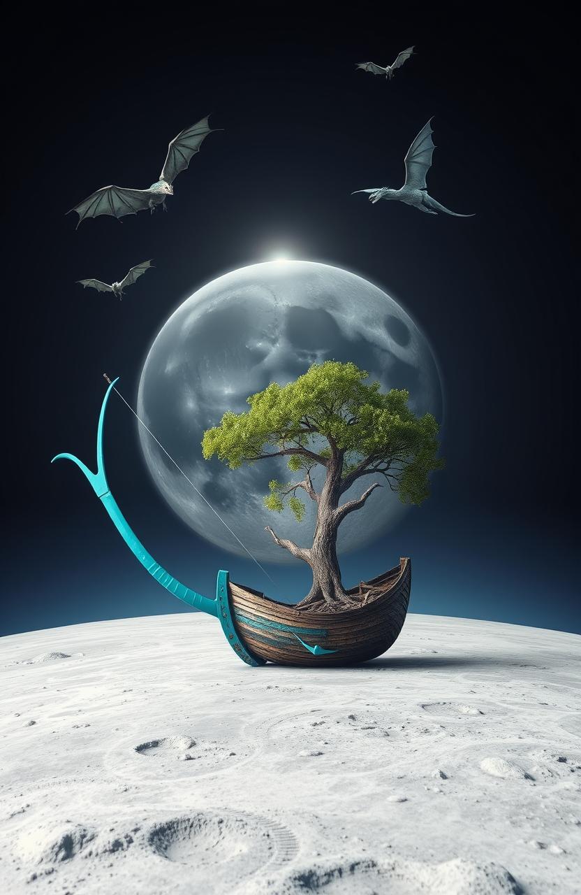 An archer's bow placed on the surface of the moon, creating a whimsical smile shape