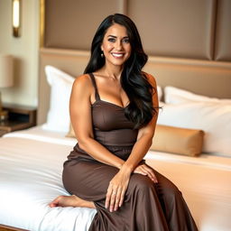 A 45-year-old woman with long black hair, sitting gracefully on a luxurious hotel bed