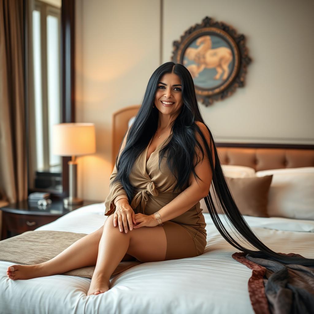 A 45-year-old woman with long black hair, sitting gracefully on a luxurious hotel bed