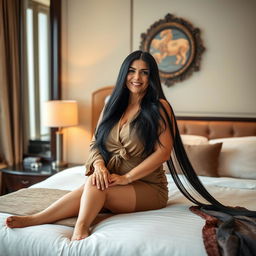 A 45-year-old woman with long black hair, sitting gracefully on a luxurious hotel bed