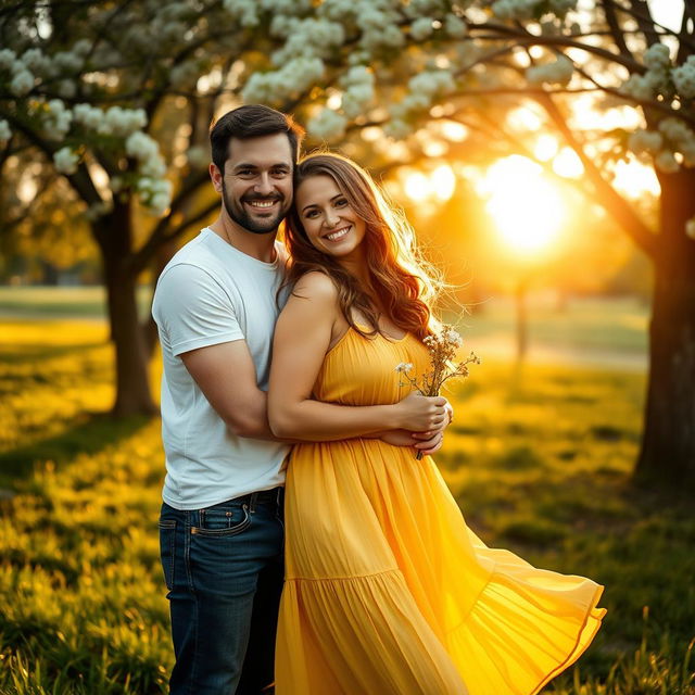 A romantic couple embracing in a lush green park during golden hour