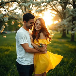 A romantic couple embracing in a lush green park during golden hour