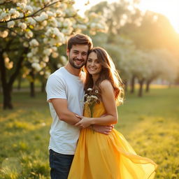 A romantic couple embracing in a lush green park during golden hour