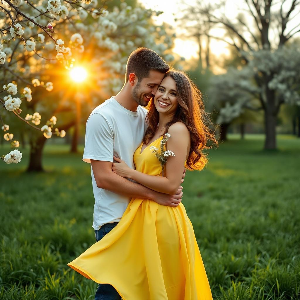 A romantic couple embracing in a lush green park during golden hour