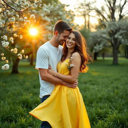 A romantic couple embracing in a lush green park during golden hour