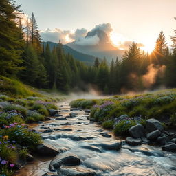 A serene landscape of a mystical forest at dawn, where soft golden light filters through the lush green canopy