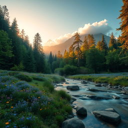 A serene landscape of a mystical forest at dawn, where soft golden light filters through the lush green canopy