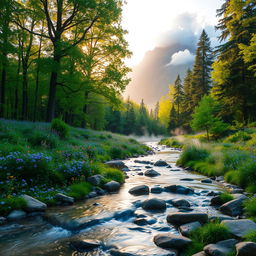 A serene landscape of a mystical forest at dawn, where soft golden light filters through the lush green canopy