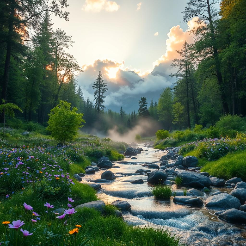 A serene landscape of a mystical forest at dawn, where soft golden light filters through the lush green canopy