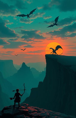 An ethereal landscape featuring majestic cliffs under a twilight sky, adorned with shadowy figures of dragons soaring gracefully in the distance