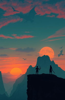 An ethereal landscape featuring majestic cliffs under a twilight sky, adorned with shadowy figures of dragons soaring gracefully in the distance
