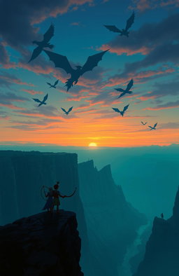 An ethereal landscape featuring majestic cliffs under a twilight sky, adorned with shadowy figures of dragons soaring gracefully in the distance