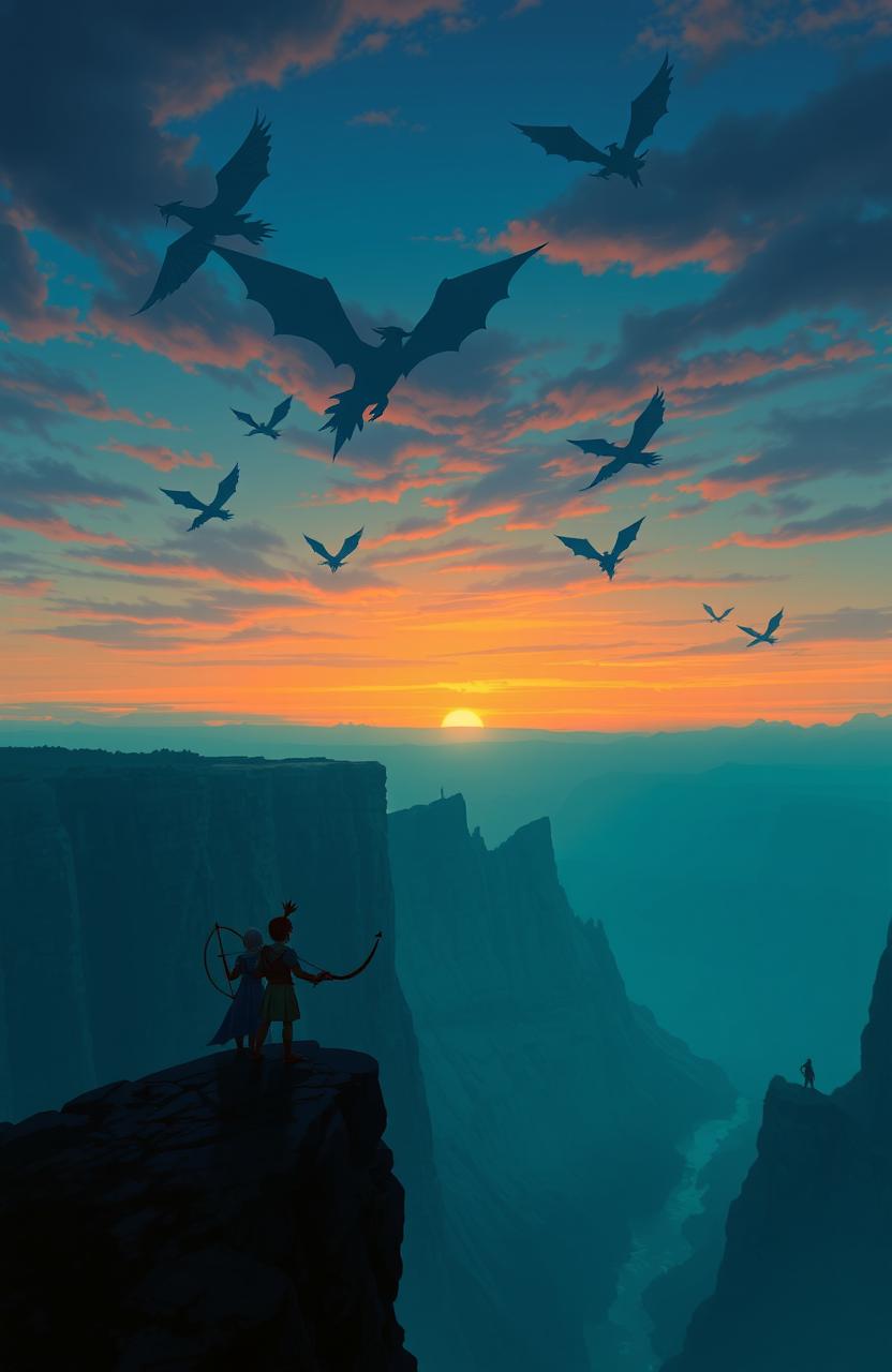 An ethereal landscape featuring majestic cliffs under a twilight sky, adorned with shadowy figures of dragons soaring gracefully in the distance