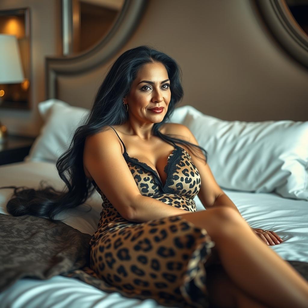 A 45-year-old woman with long black hair, featuring large breasts, is lying on a luxurious hotel bed