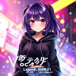 A captivating light novel cover featuring a female Vocaloid character with glossy purple hair and striking crimson eyes