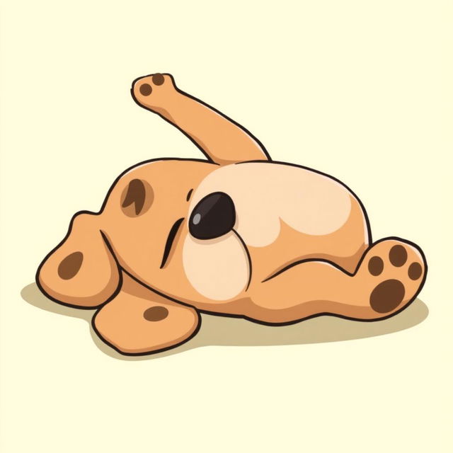 A cartoonish dog lying on its back, looking lazy and relaxed with its eyes half-closed