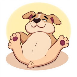 A cartoonish dog lying on its back, looking lazy and relaxed with its eyes half-closed